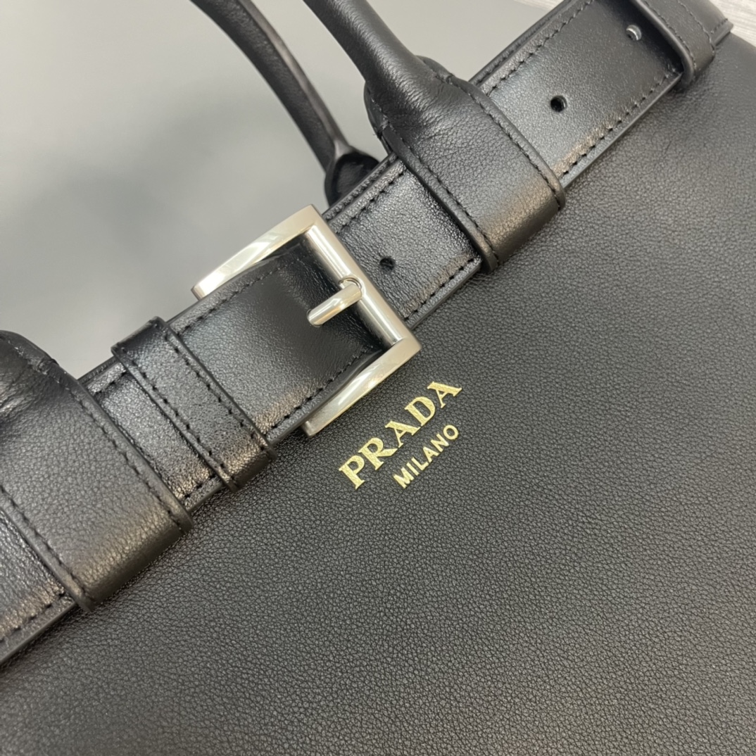 Prada Medium Buckle Leather Handbag Shoulder Bag With Belt Black 1BA417